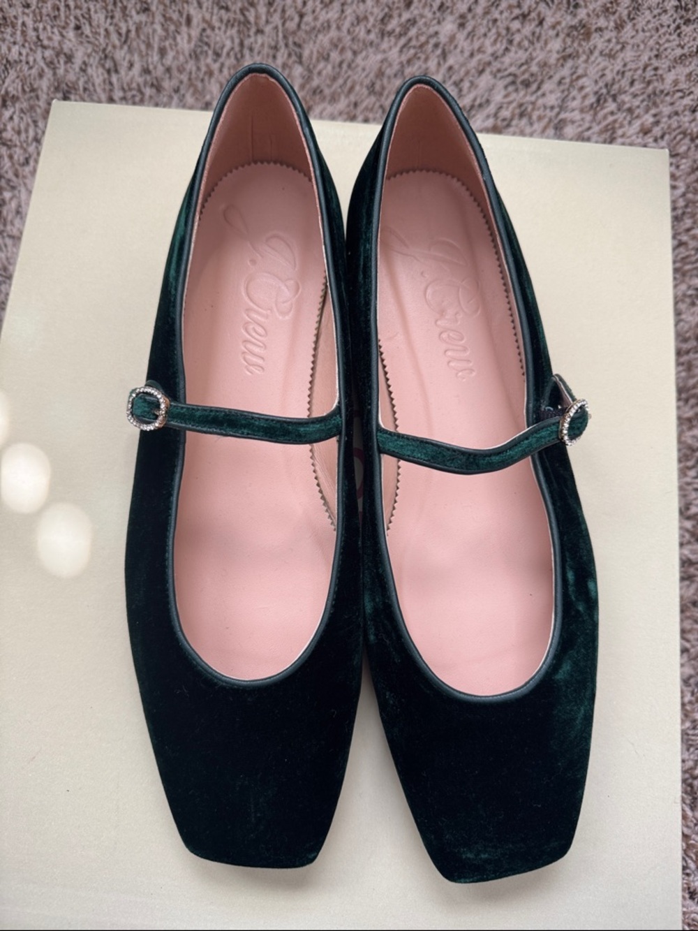 J. Crew Women's Dark Green Velvet Mary Jane Flats with Pink Insole